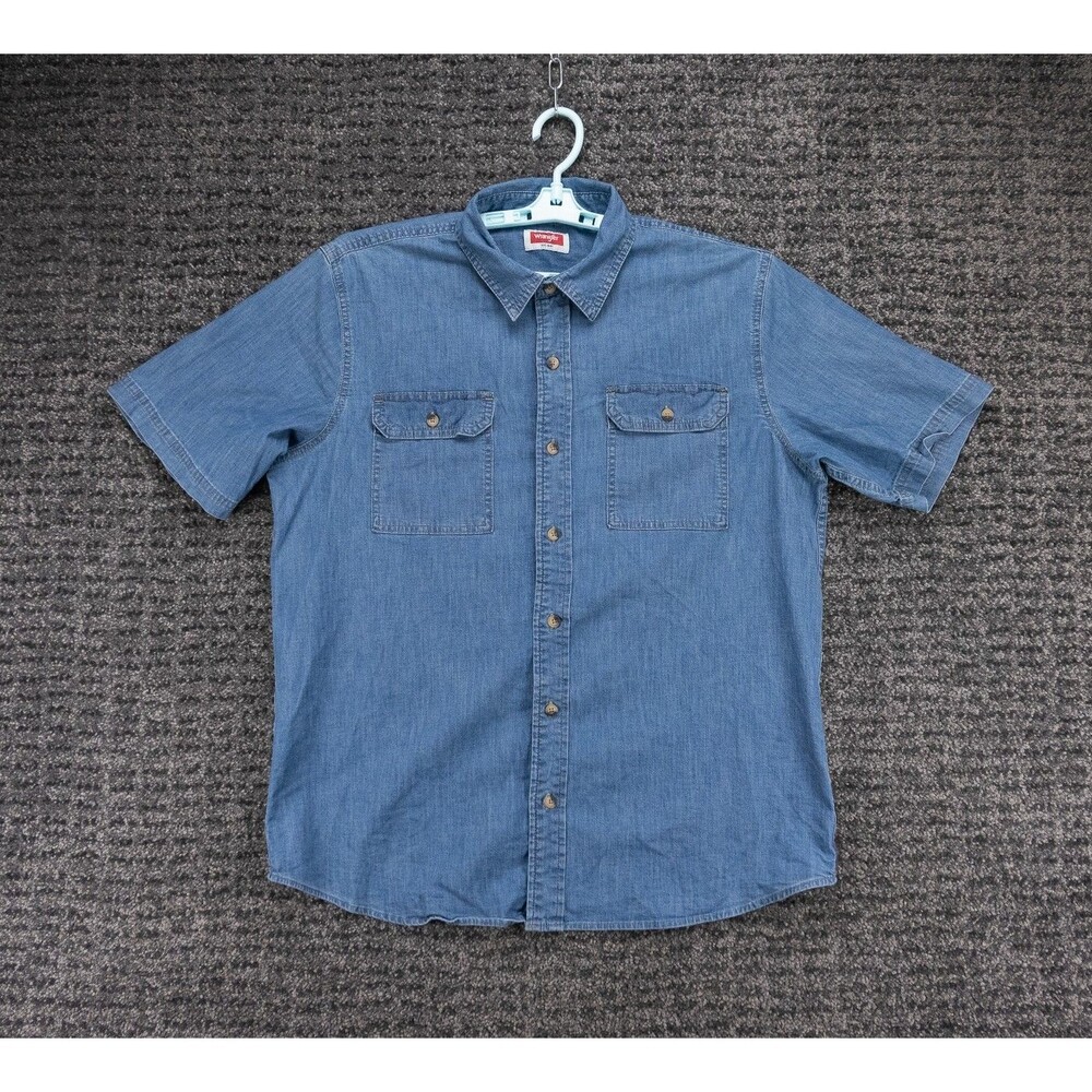 Wrangler Shirt Mens Large Blue Chambray Short Sleeve Stretch Casual Workwear